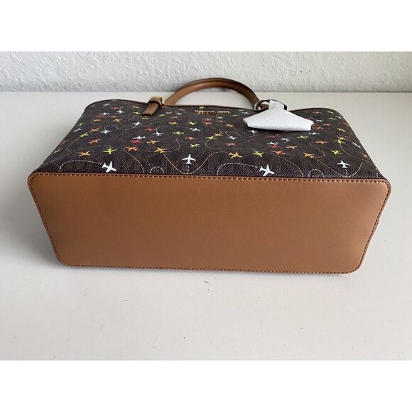 Michael Kors Jet Set Brown MultiColor Airplane Print Carryall Tote Purse Bag NEW - Picture 10 of 13